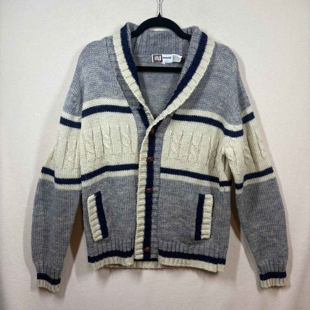 Vintage Younkers Men Med Shawl Collar Cardigan Sweater Grey Striped Cable READ